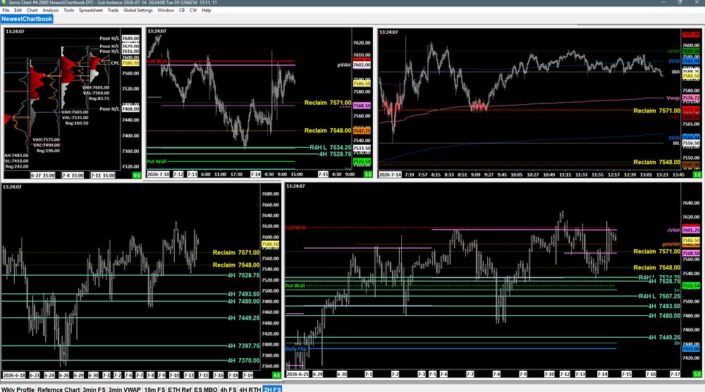 A second-monitor layout with weekly profile and my reference charts.
